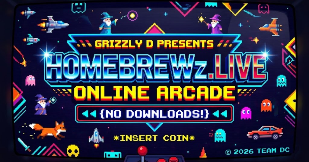 Homebrewz.Live official OG marquee — space pilots, wizards, pixel ghosts, signature fox, © 2026 TEAM DC